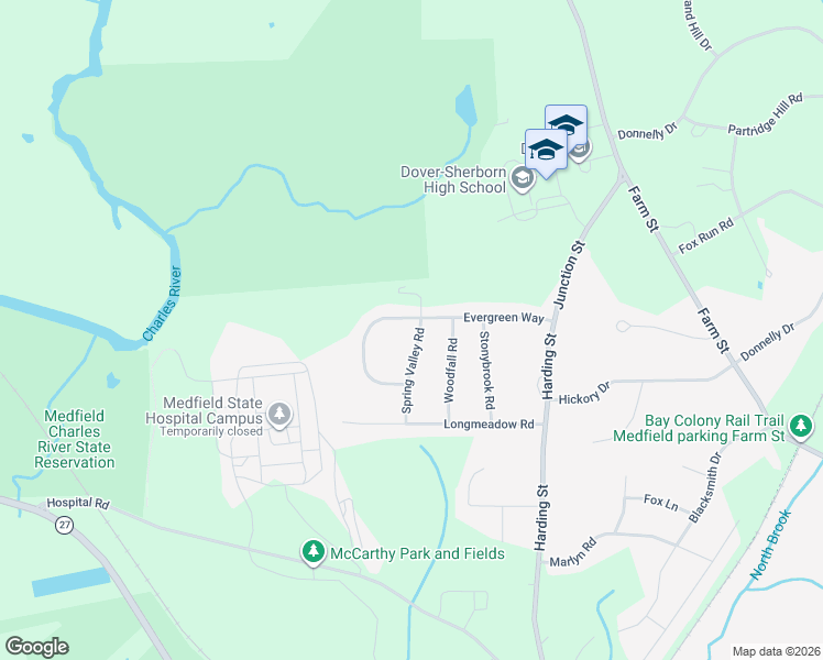 map of restaurants, bars, coffee shops, grocery stores, and more near 27 Evergreen Way in Medfield
