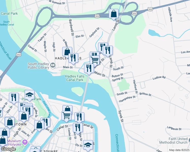 map of restaurants, bars, coffee shops, grocery stores, and more near 117 Main Street in South Hadley