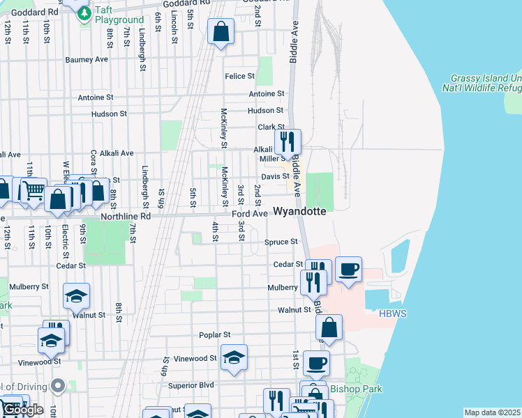 map of restaurants, bars, coffee shops, grocery stores, and more near 1918 2nd Street in Wyandotte