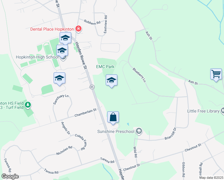 map of restaurants, bars, coffee shops, grocery stores, and more near 129 Hayden Rowe Street in Hopkinton