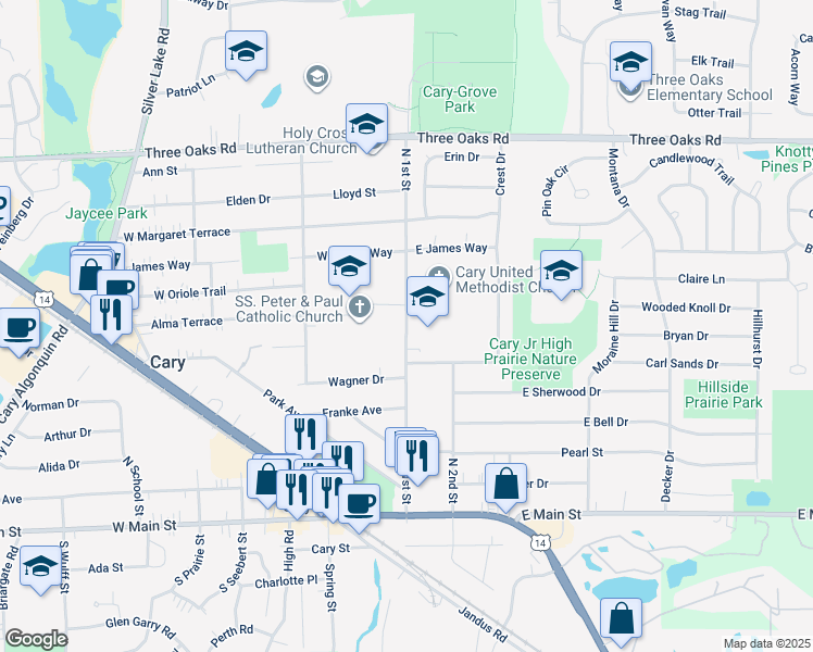 map of restaurants, bars, coffee shops, grocery stores, and more near North 1st Street in Cary