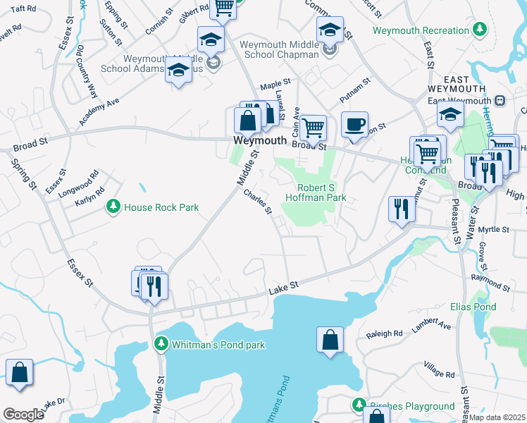 map of restaurants, bars, coffee shops, grocery stores, and more near 41 Charles Street in Weymouth