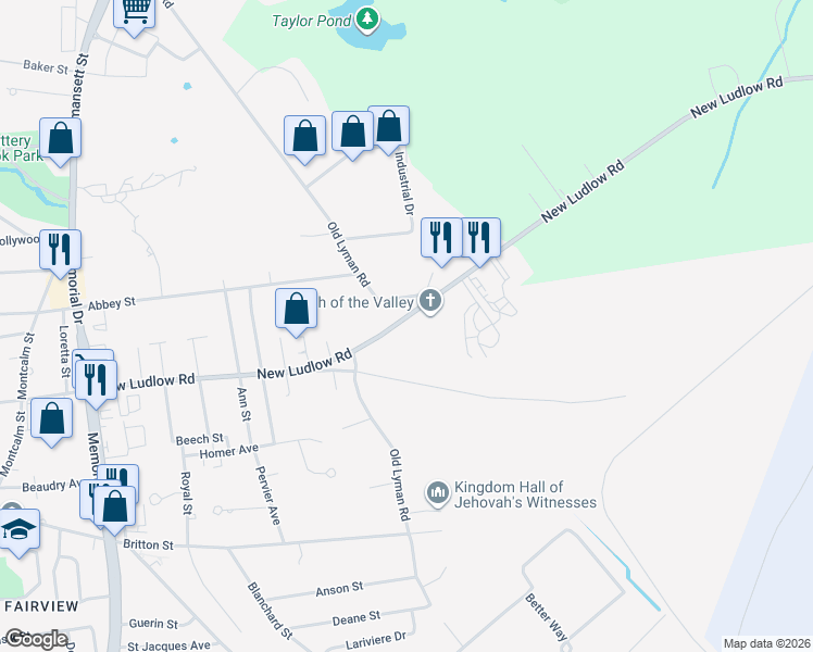 map of restaurants, bars, coffee shops, grocery stores, and more near 583 New Ludlow Road in Chicopee