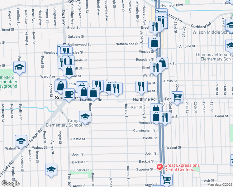 map of restaurants, bars, coffee shops, grocery stores, and more near 13297 Callender Street in Southgate