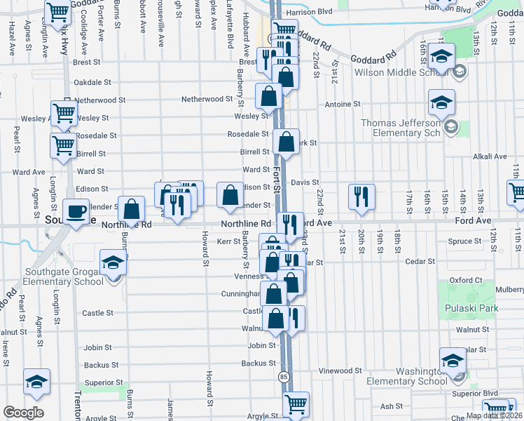 map of restaurants, bars, coffee shops, grocery stores, and more near 12849 Callender Street in Southgate