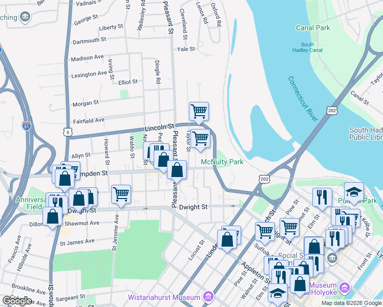 map of restaurants, bars, coffee shops, grocery stores, and more near 67-69 Taylor Street in Holyoke