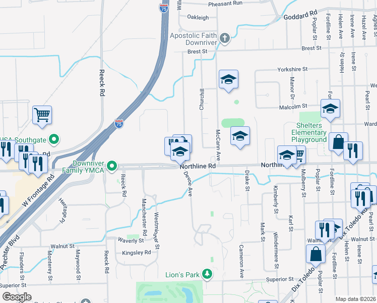 map of restaurants, bars, coffee shops, grocery stores, and more near 12931 Devoe Street in Southgate