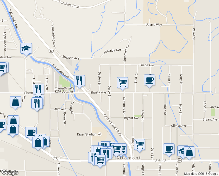 map of restaurants, bars, coffee shops, grocery stores, and more near 1628 Derby Street in Klamath Falls
