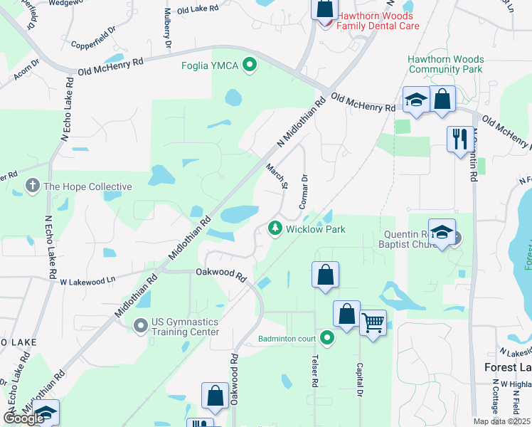 map of restaurants, bars, coffee shops, grocery stores, and more near 967 March Street in Lake Zurich