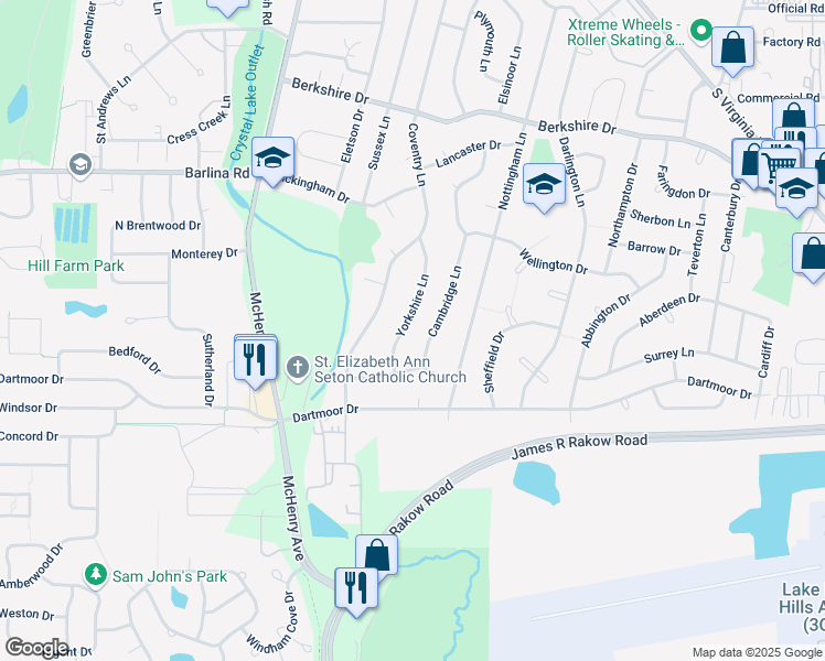 map of restaurants, bars, coffee shops, grocery stores, and more near 949 Yorkshire Ln in Crystal Lake