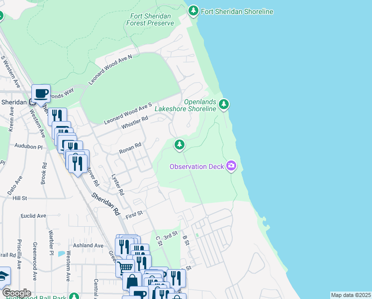 map of restaurants, bars, coffee shops, grocery stores, and more near in Highland Park