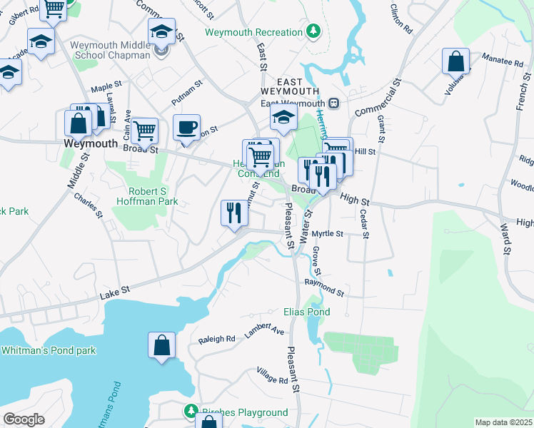 map of restaurants, bars, coffee shops, grocery stores, and more near 27 Shawmut Avenue in Weymouth