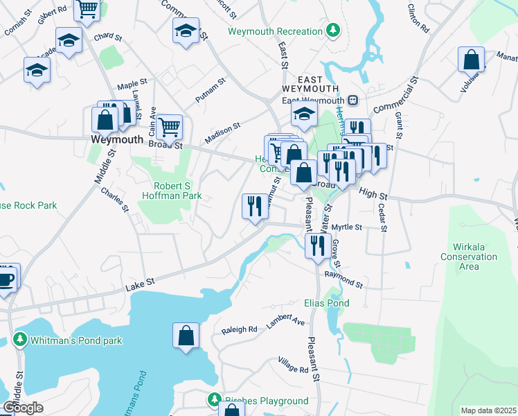 map of restaurants, bars, coffee shops, grocery stores, and more near 48 Shawmut Street in Weymouth