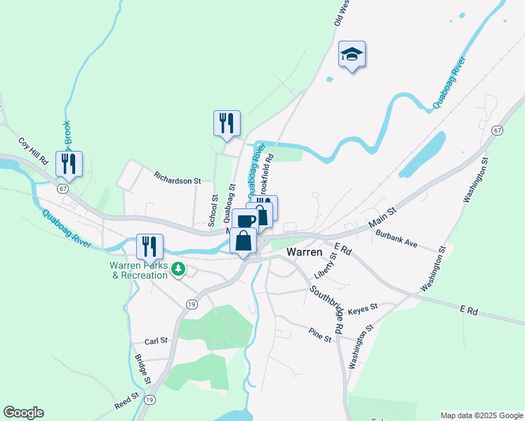 map of restaurants, bars, coffee shops, grocery stores, and more near 18 Old West Brookfield Road in Warren