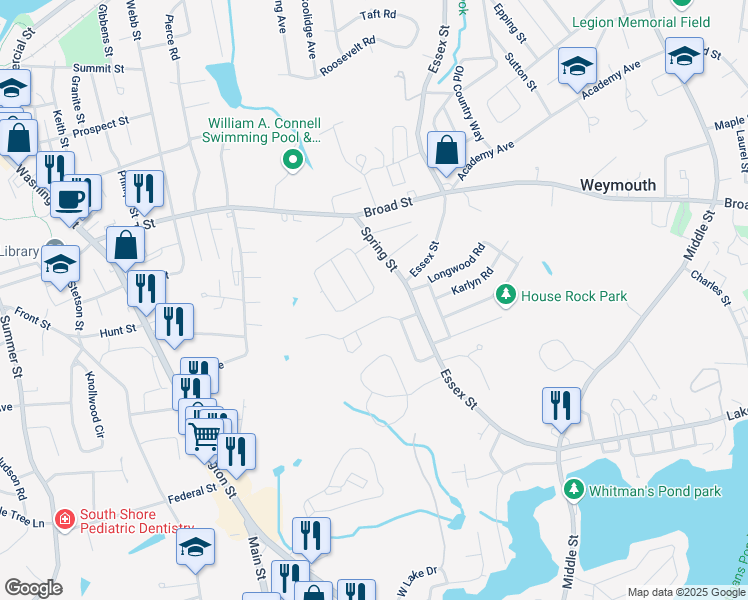 map of restaurants, bars, coffee shops, grocery stores, and more near 149 Springvale Circle in Weymouth