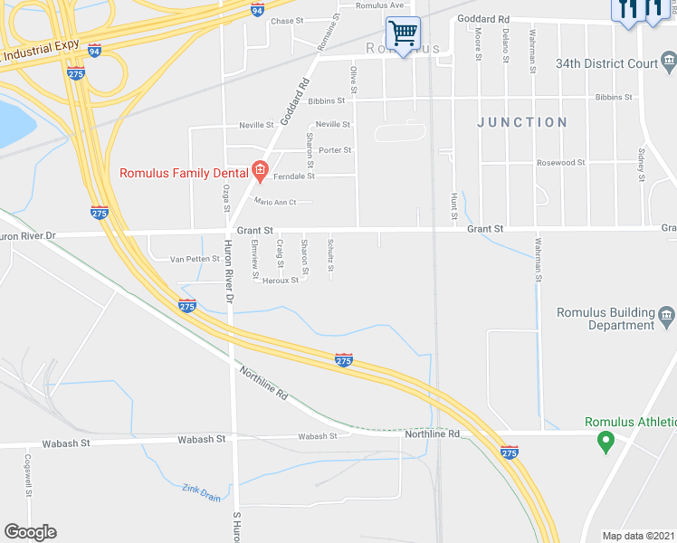 map of restaurants, bars, coffee shops, grocery stores, and more near 12103 Schultz Street in Romulus