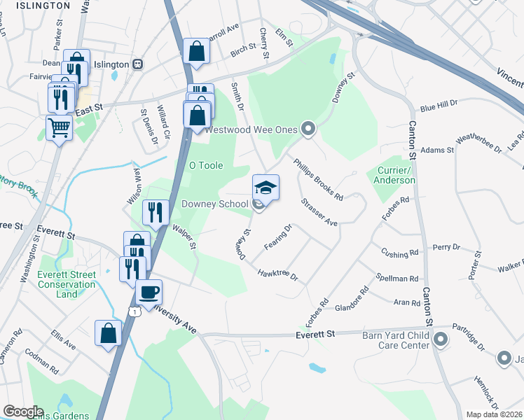 map of restaurants, bars, coffee shops, grocery stores, and more near 250 Downey Street in Westwood