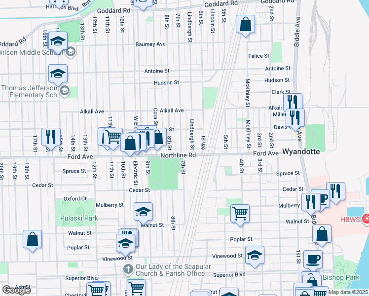 map of restaurants, bars, coffee shops, grocery stores, and more near 1883 7th St in Wyandotte