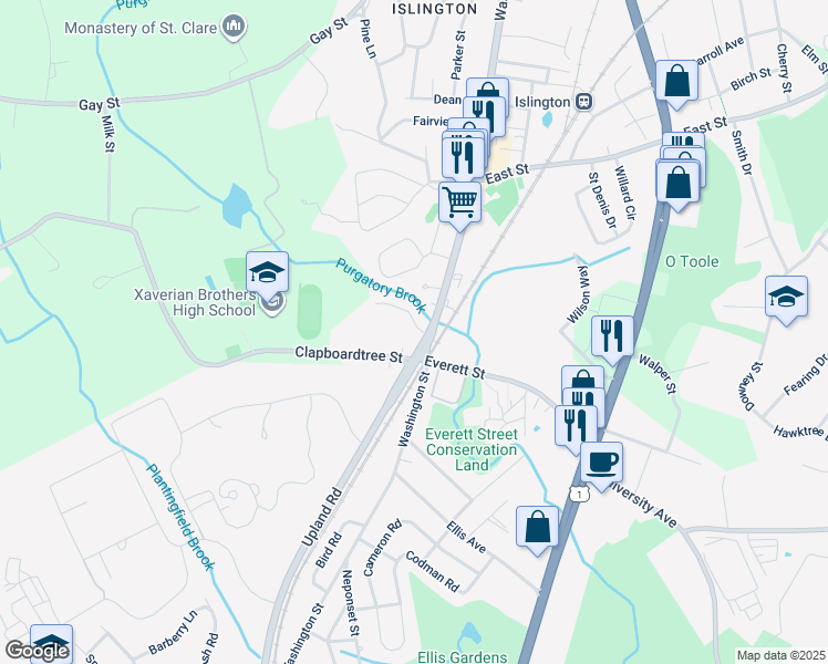 map of restaurants, bars, coffee shops, grocery stores, and more near 437 Washington Street in Westwood