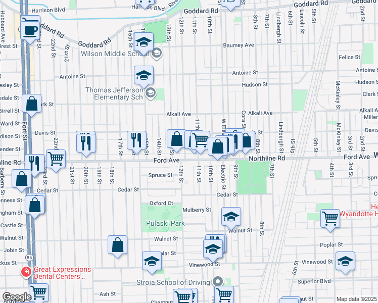map of restaurants, bars, coffee shops, grocery stores, and more near 1861 12th St in Wyandotte