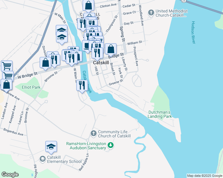 map of restaurants, bars, coffee shops, grocery stores, and more near 229 Main Street in Catskill