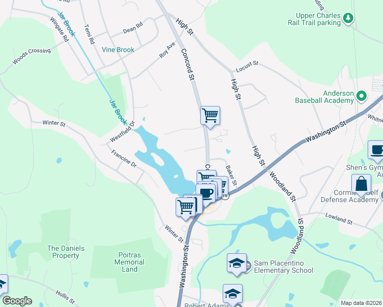 map of restaurants, bars, coffee shops, grocery stores, and more near 26 Taylor Road in Holliston