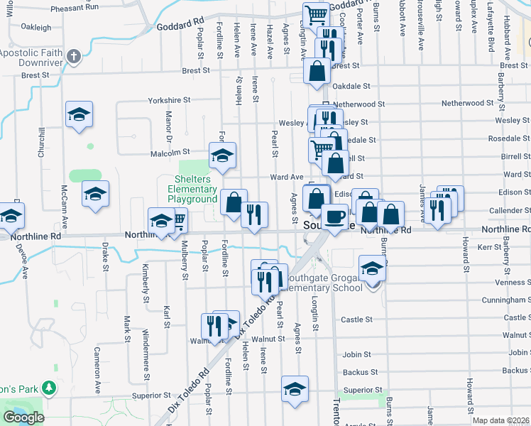 map of restaurants, bars, coffee shops, grocery stores, and more near 12785 Irene Street in Southgate