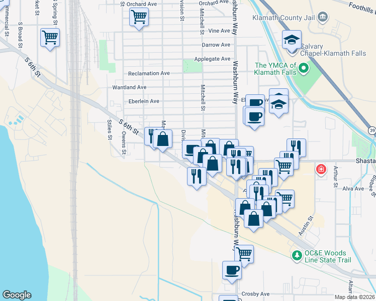 map of restaurants, bars, coffee shops, grocery stores, and more near 1633 Division Street in Klamath Falls