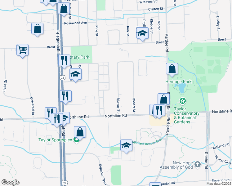 map of restaurants, bars, coffee shops, grocery stores, and more near 12856 Murray Street in Taylor