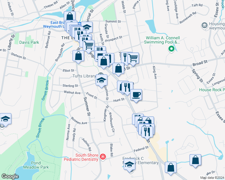 map of restaurants, bars, coffee shops, grocery stores, and more near 30 Common Street in Weymouth