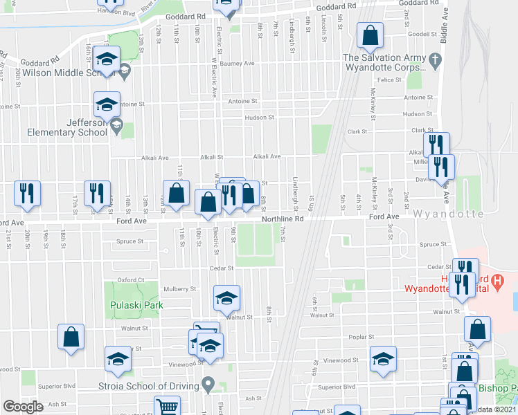 map of restaurants, bars, coffee shops, grocery stores, and more near 1876 8th Street in Wyandotte