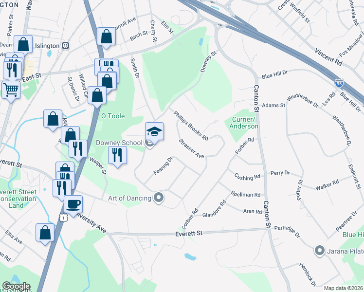 map of restaurants, bars, coffee shops, grocery stores, and more near 53 Strasser Avenue in Westwood