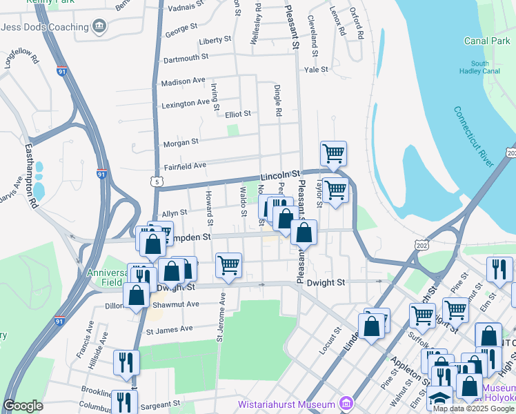 map of restaurants, bars, coffee shops, grocery stores, and more near 46 Allyn Street in Holyoke