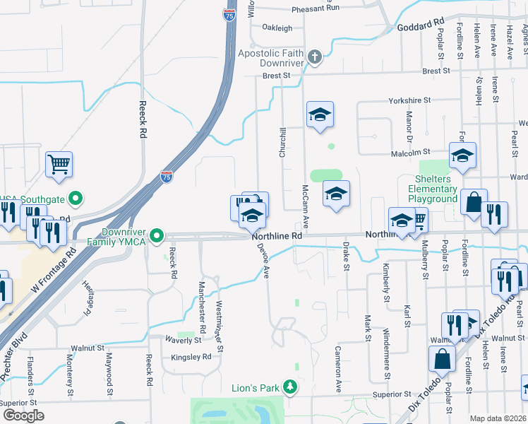 map of restaurants, bars, coffee shops, grocery stores, and more near 12931 Devoe Street in Southgate