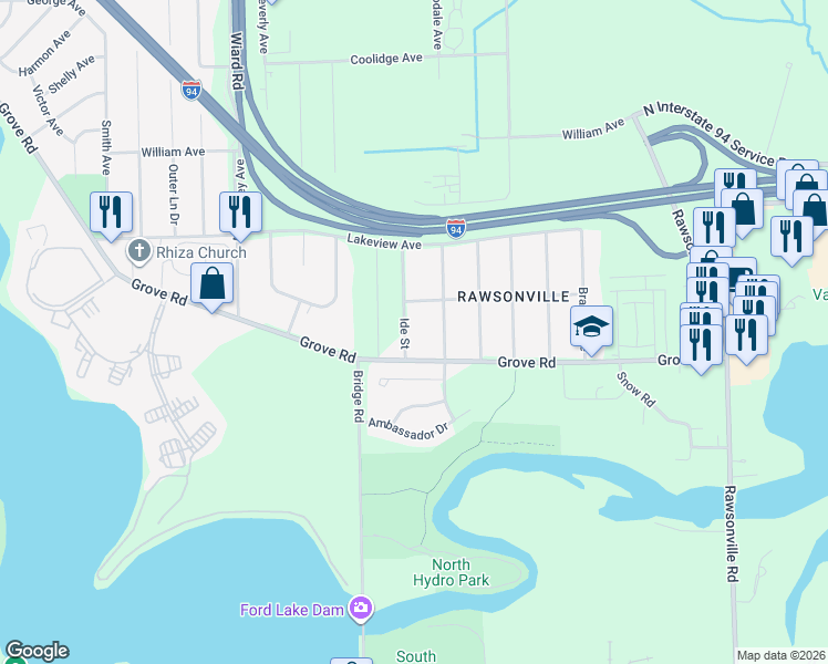 map of restaurants, bars, coffee shops, grocery stores, and more near 2121 Ide Street in Ypsilanti