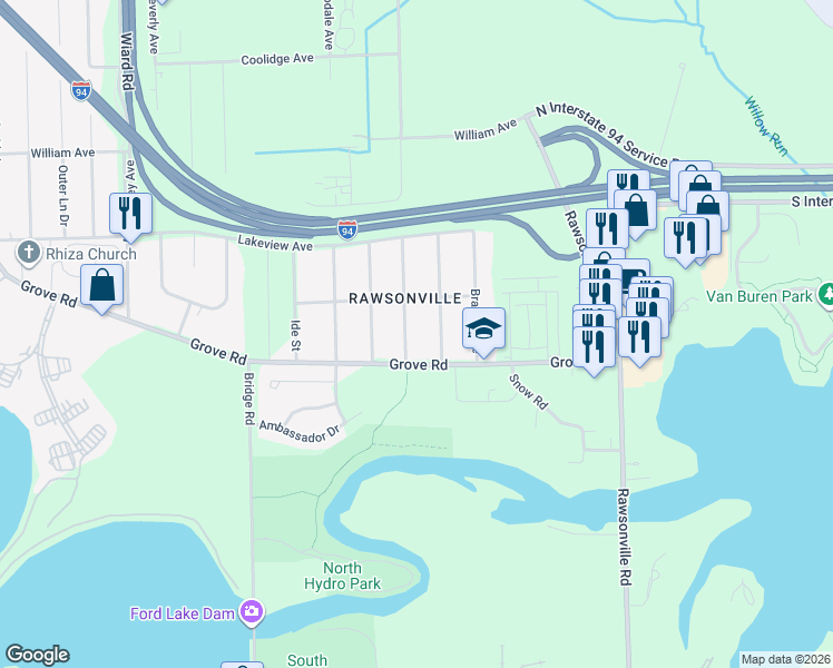 map of restaurants, bars, coffee shops, grocery stores, and more near 2157 McGregor Avenue in Ypsilanti