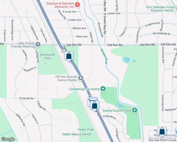 map of restaurants, bars, coffee shops, grocery stores, and more near 3404 Old Mill Road North in Highland Park