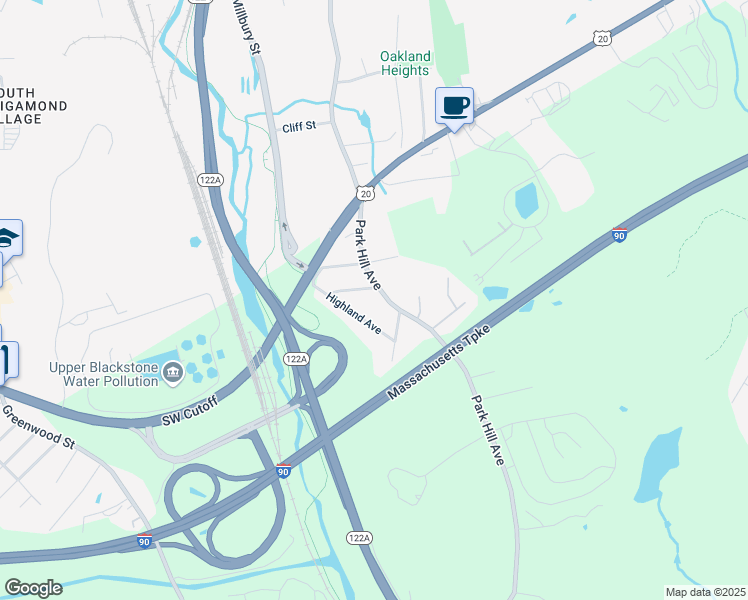 map of restaurants, bars, coffee shops, grocery stores, and more near 121 Park Hill Avenue in Millbury