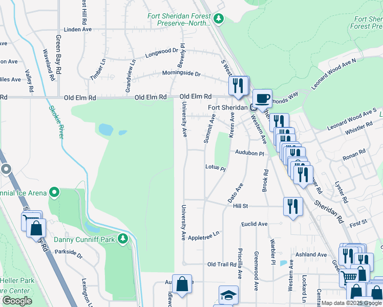 map of restaurants, bars, coffee shops, grocery stores, and more near 724 College Place in Highland Park