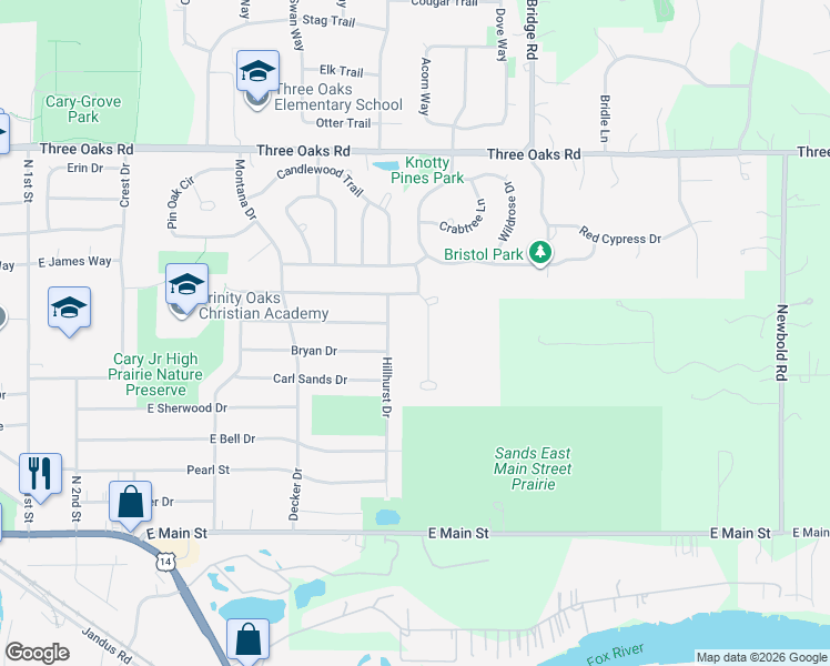 map of restaurants, bars, coffee shops, grocery stores, and more near 395 Hillhurst Drive in Cary