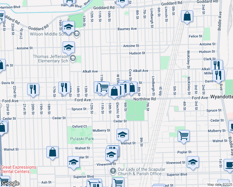 map of restaurants, bars, coffee shops, grocery stores, and more near 1872 Electric Street in Wyandotte