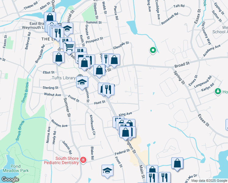 map of restaurants, bars, coffee shops, grocery stores, and more near 76 Vine Street in Weymouth