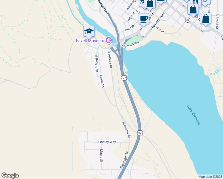 map of restaurants, bars, coffee shops, grocery stores, and more near 570 Riverside Drive in Klamath Falls