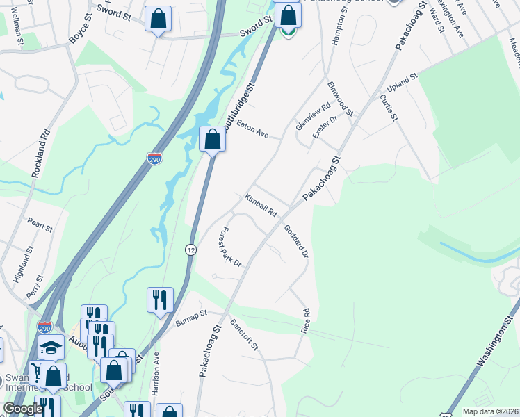 map of restaurants, bars, coffee shops, grocery stores, and more near 7 Kimball Road in Auburn