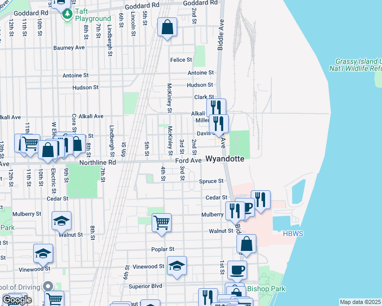 map of restaurants, bars, coffee shops, grocery stores, and more near 1918 2nd Street in Wyandotte