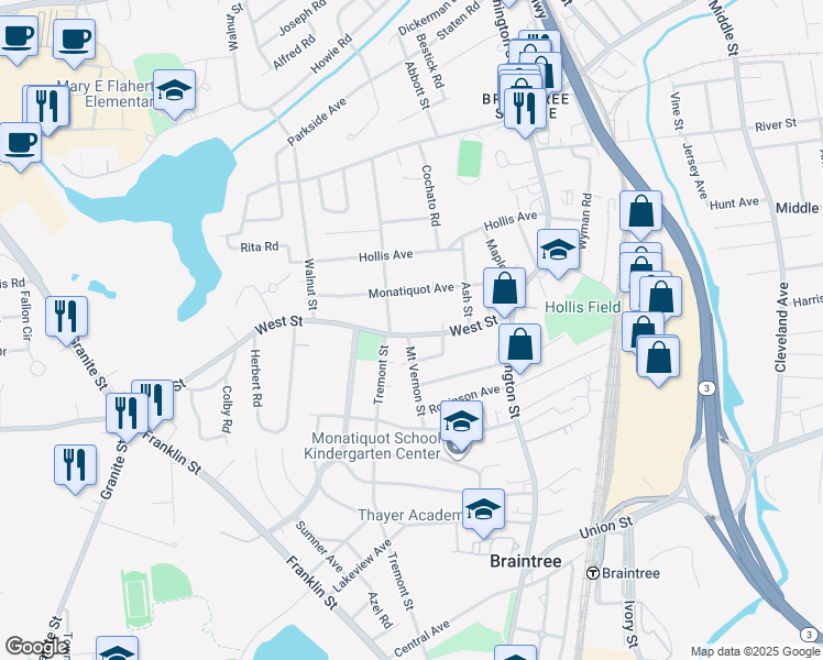 map of restaurants, bars, coffee shops, grocery stores, and more near 87 West Street in Braintree