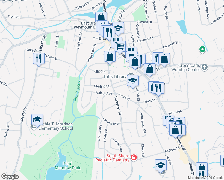 map of restaurants, bars, coffee shops, grocery stores, and more near 121 Front Street in Weymouth