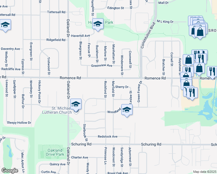 map of restaurants, bars, coffee shops, grocery stores, and more near 7031 Rockford Street in Portage