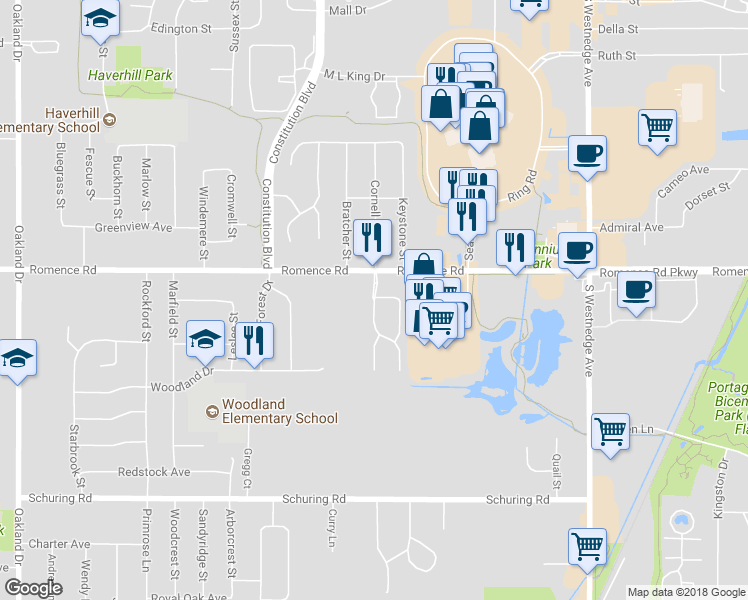 map of restaurants, bars, coffee shops, grocery stores, and more near 7066 Bolingbrook Drive in Portage