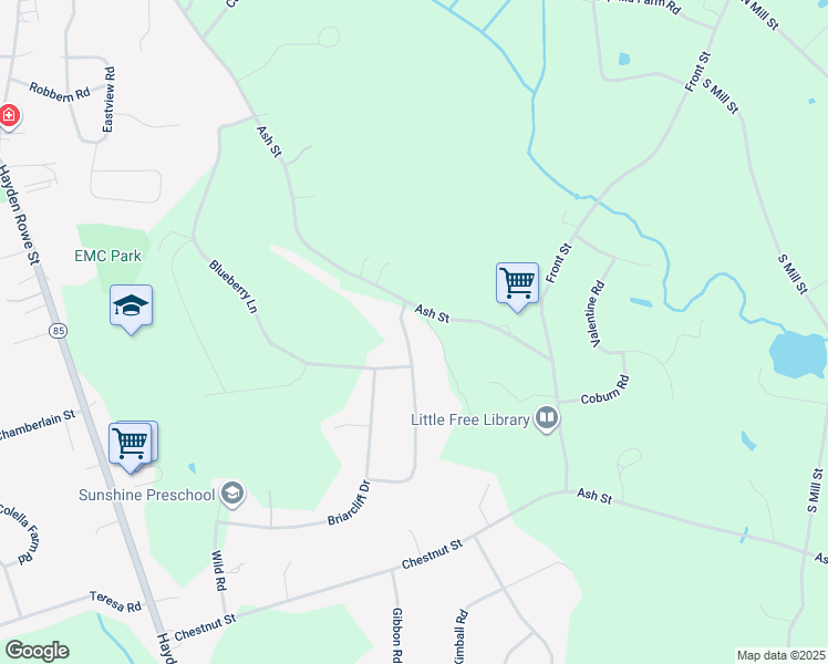 map of restaurants, bars, coffee shops, grocery stores, and more near 3 Thayer Heights Road in Hopkinton